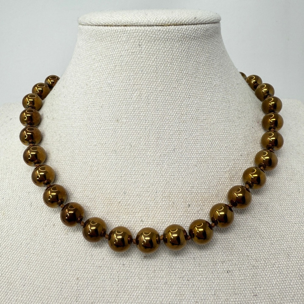 Metal Beaded Necklace Heavy Bronze Tone Knotted‎ Sterling Clasp Statement